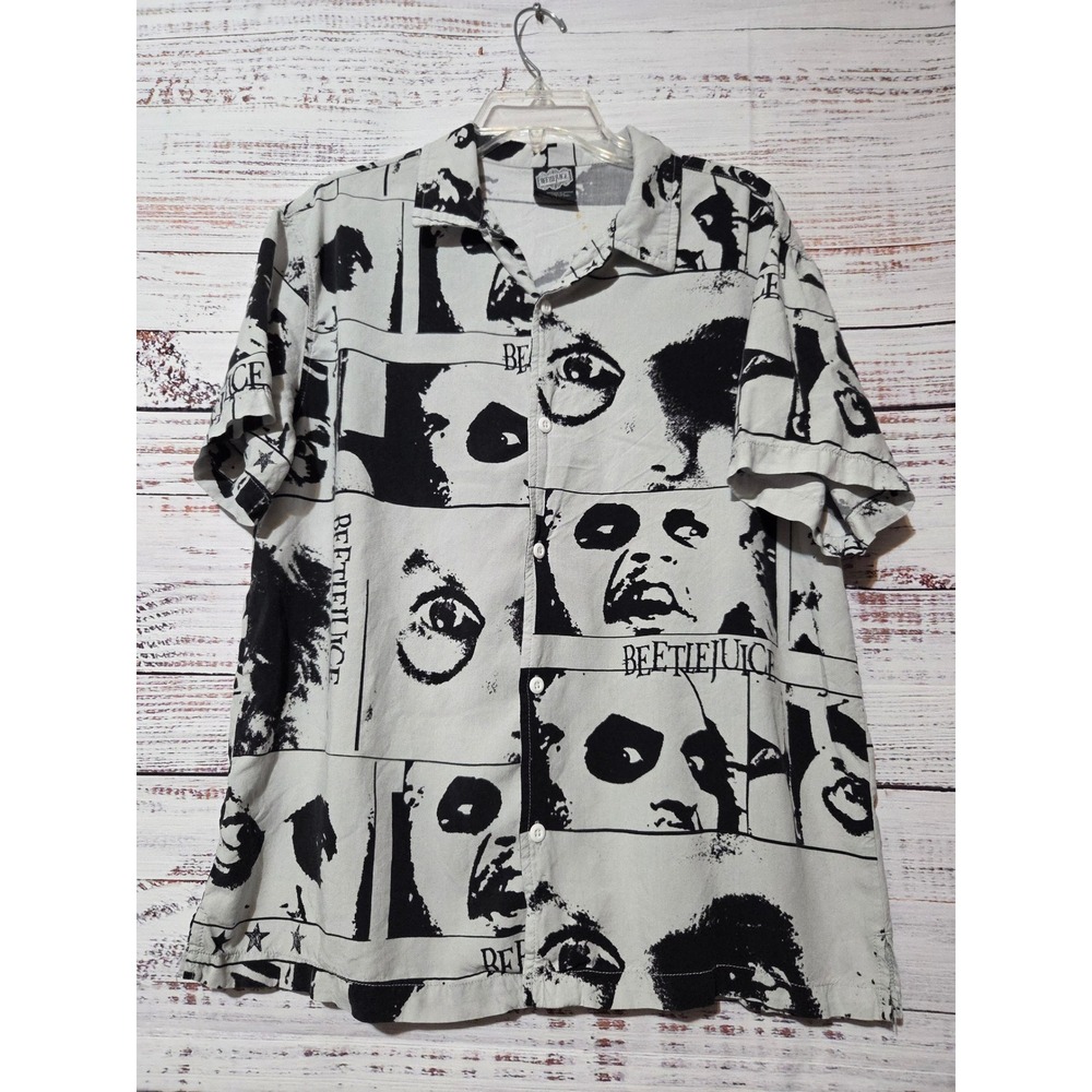 Beetlejuice Movie Graphic Rayon Button Down Shirt Mens Medium Black White